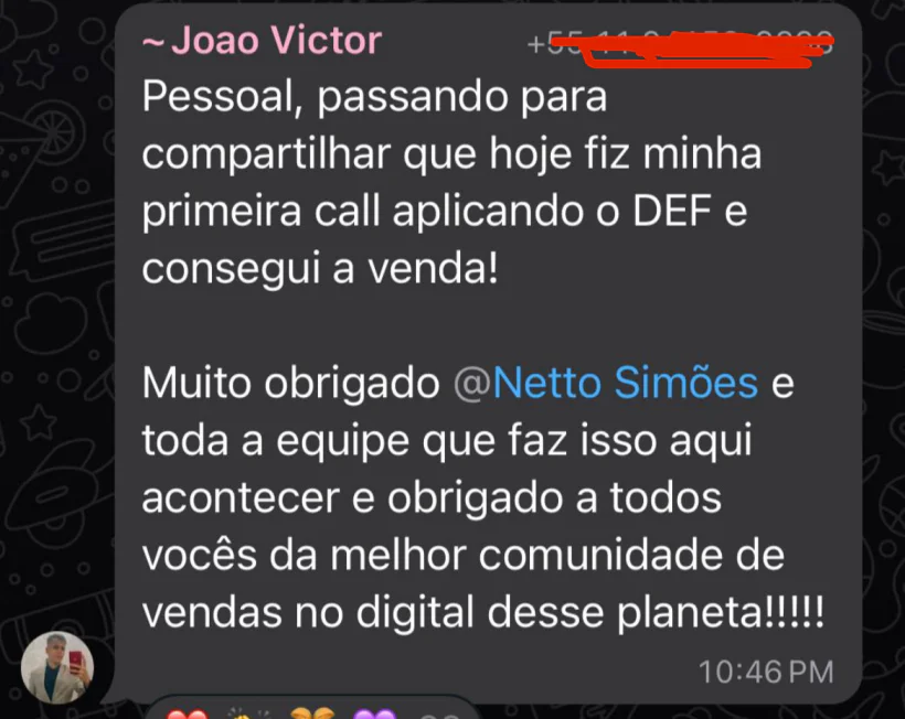 Print de mensagem de João Victor: fez a primeira call aplicando o método e conseguiu a venda