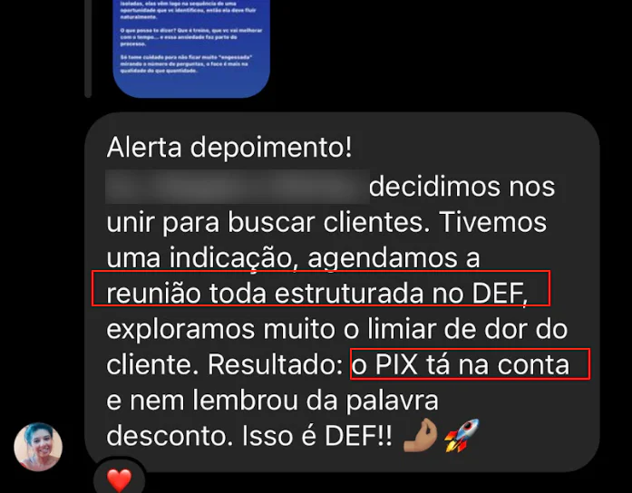 Print de depoimento: reunião estruturada no método, cliente fechou sem pedir desconto e o pix caiu na conta